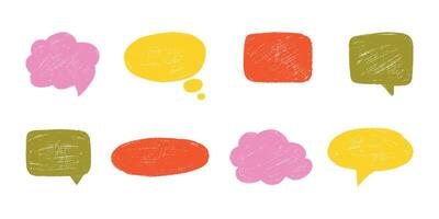 Color crayon speech frame set for text. Hand draw speech bubbles, chalk elements in doodle style. Kid lines of pencil, balloons, shapes, cloud, sticker. Childish isolated illustrati vector