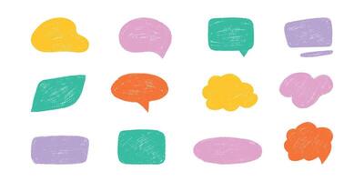 Hand draw crayon speech frame set for text. Speech bubbles, chalk elements in doodle style. Color kid lines of pencil, shapes, balloons, cloud, sticker. Childish isolated illustration. vector