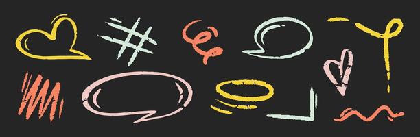 Chalk color hand drawn arrow, marker lines, underlines, crayon brush scribbles, heart, speech bubble, grunge texture, zig zag doodle sketch elements. vector