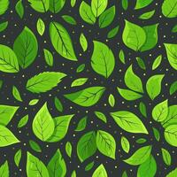 seamless pattern with realistic green leaves. Background with leaves of different sizes and shapes on black. Perfect for textile, packaging for food and cosmetic products, eco projects vector
