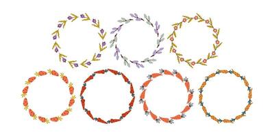 Set of festive spring wreaths for Easter and holidays. Minimalistic wreaths of flowers and carrots. Spring collection of round background. Holidays spring invitation. flat illustration. vector