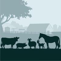 Farm animals in the field with barn and trees vector