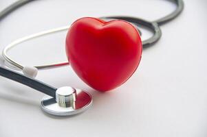 A view of stethoscope and a red heart shape with customizable space for text. Medical and health concept photo