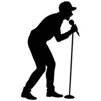 Black Silhouette of Singer Singing with Microphone on Stand Isolated on White vector