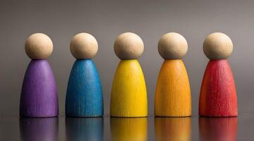 Conceptual Image Featuring Multicolored Wooden Figures Representing Diversity, Inclusion, and Team Unity in the Workplace photo