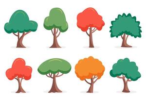 A set of trees with green and red leaves. Cartoon trees concept for design. vector