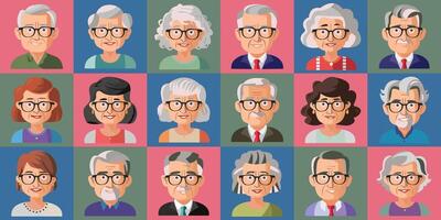 A colorful grid features a variety of elderly characters, each with distinct hairstyles and glasses. Their cheerful expressions showcase the diversity of age and personality. vector