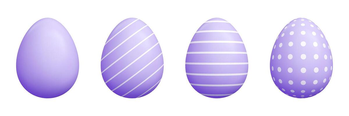 Cartoon 3d Easter egg set - purple solid oval shapes decorated striped diagonal lines, cute polka dots patterns