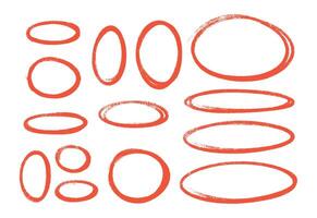 Red highlight oval crayon or chalk shapes set. Sketchy pencil or marker hand drawn rough ellipse circles vector