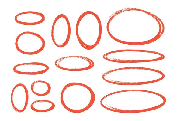 Red highlight oval crayon or chalk shapes set. Sketchy pencil or marker hand drawn rough ellipse circles