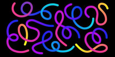 Gradient color lines collection on black background - smooth curves looping into abstract shapes set in vibrant palette. vector
