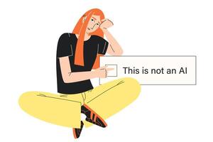 Creative Young Woman Pressing Not AI Button Anti Artificial Intelligence Concept in Flat Style vector