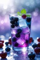 A vibrant blackcurrant and blueberry drink in a glass - a hyper-realistic summer refreshment with bokeh and frosted ice. photo