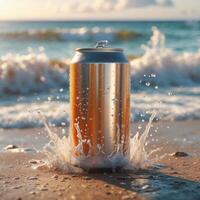 The unbranded Sunny Beach drinks can is a hyper-realistic cinematic scene with ocean waves and a warm golden glow. photo