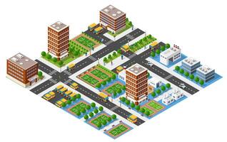 School district with buildings and buses in isometric view vector