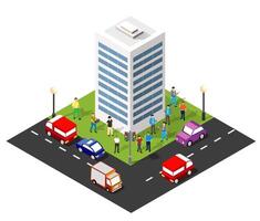 Isometric city with people and cars in front of tall building vector