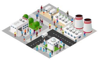 Isometric illustration of people in front of a factory vector