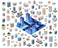 Isometric cityscape with skyscrapers, buildings and other objects vector