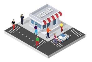 Isometric illustration of people walking in front of a store vector