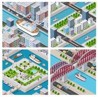 Isometric cityscape with bridges, buildings and other objects vector