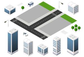 Isometric city with buildings, trees and traffic vector