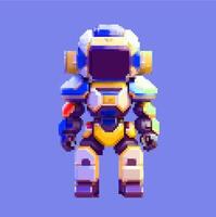 Pixel art of a robot with a helmet and a blue background vector
