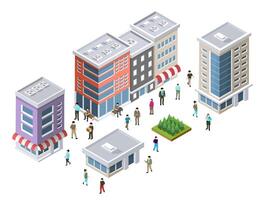 Isometric illustration of people walking in front of buildings vector