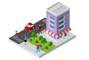 Isometric illustration of people walking in front of a building vector
