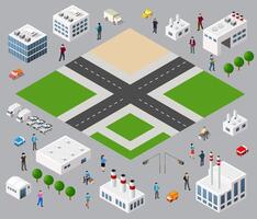 Isometric city with people and buildings set vector