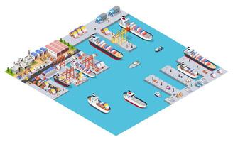 Isometric cargo ship port with cargo ships and cargo containers vector