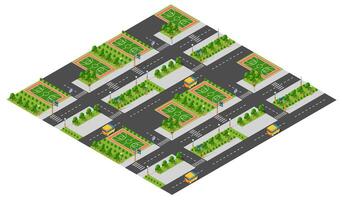 An isometric view of a city street with trees and cars vector
