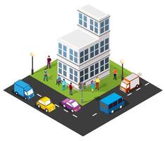 Isometric illustration of people in front of building vector
