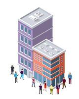 Isometric illustration of people standing in front a building vector