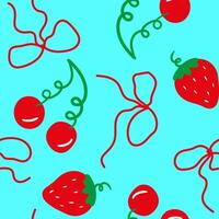 bows berries pattern seamless hand drawn design simple strawberry cherry summer elements blue background for web design wallpaper textile vector