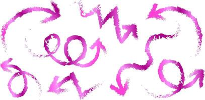 set isolated pink gradient arrows with brush stroke texture abstract hand drawn direction symbols on white background, editable illustration vector