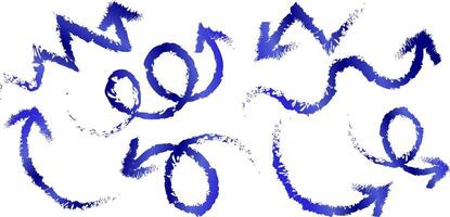 set of isolated blue gradient arrows with brush stroke texture abstract hand drawn direction symbols on white background, editable illustration vector