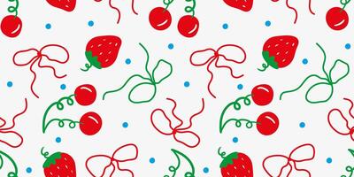 summer background berries pattern seamless design simple bows strawberries cherry elements blue polka dots isolated wallpaper background textile design vector