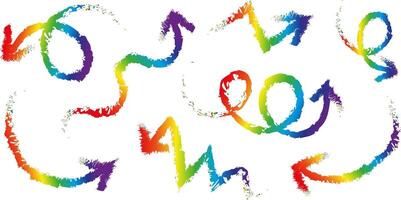 hand drawn rainbow arrows set isolated on white background, grunge colorful marker brush sketch elements, lgbt pride style curved and zigzag direction signs vector