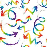seamless rainbow arrows pattern on white background, sketch brush style colorful direction signs, lgbt pride texture with circular and zigzag elements vector