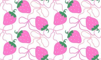 artistic bows strawberry pattern seamless minimalist design line art pink berries white background for web design paper wallpaper textile vector