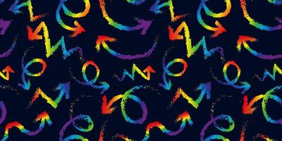 seamless rainbow arrows pattern on black background, grunge hand drawn marker brush sketch style, lgbt pride colorful curved direction signs for modern design vector