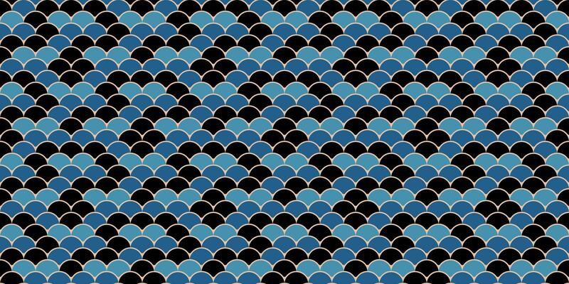 Elegant seamless pattern of overlapping blue scales on black background. Perfect for textile design, website backgrounds, or art deco inspired projects.