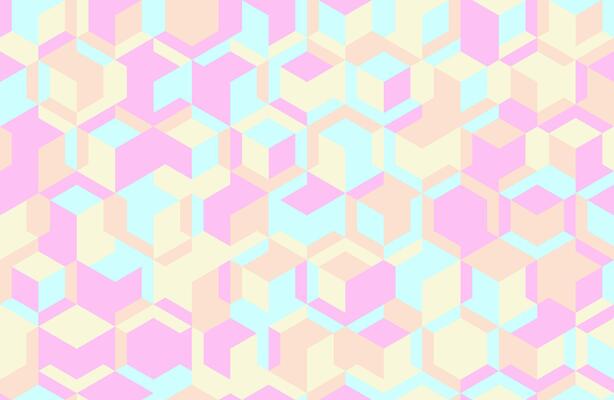 Abstract pastel geometric pattern featuring a seamless design of interlocking cubes in pink, light blue, and beige.