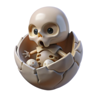 notable contemporary Concept art style, professional render of a floating, cracked eggshell with a miniature human skeleton inside with Transparent Background masterfully captured png