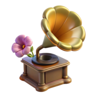 romantic hypnotic Professional render, concept art style, isolated cutout of a floating, antique gramophone playing a single, wilting flower with Transparent Background exclusive png