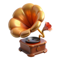 reflective enchanting Professional render, concept art style, isolated cutout of a floating, antique gramophone playing a single, wilting flower with Transparent Background original png