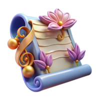 sought-after elegant Concept art style, professional render, isolated cutout of an Art Nouveau music sheet, with stylized musical notation and floral border with Transparent Background studio quality png