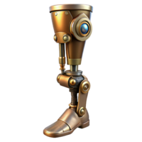 reflective elegant Steampunk prosthetic leg with articulated joints and metal plating with Transparent Background studio quality png