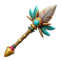 pristine geometric Hyper-specific concept art style isolated cutout of a tribal chieftain's staff, ultra-detailed, adorned with feathers and beads with Transparent Background artisan png