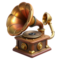 romantic striking Steampunk gramophone with a brass horn and a hand crank with Transparent Background impeccable png